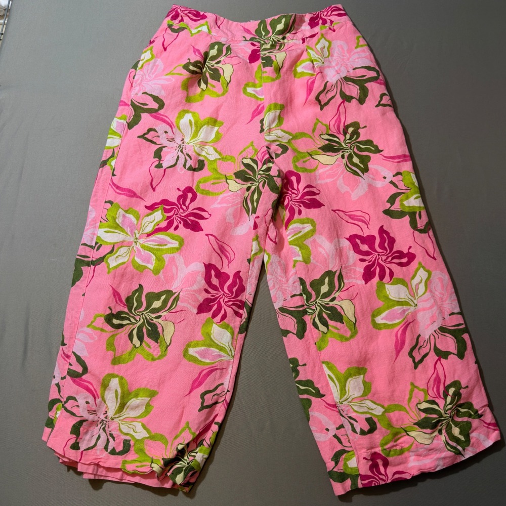 Boston Proper Pink Floral Linen Blend Cropped Wide Leg Pants Women's Size Small